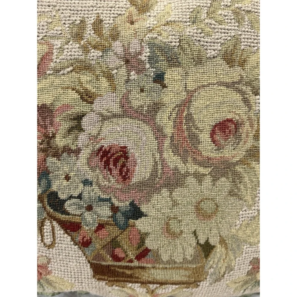 Vtg Aubusson Needlepoint Pillow Floral Bouquet Roses French Chic Petit Point